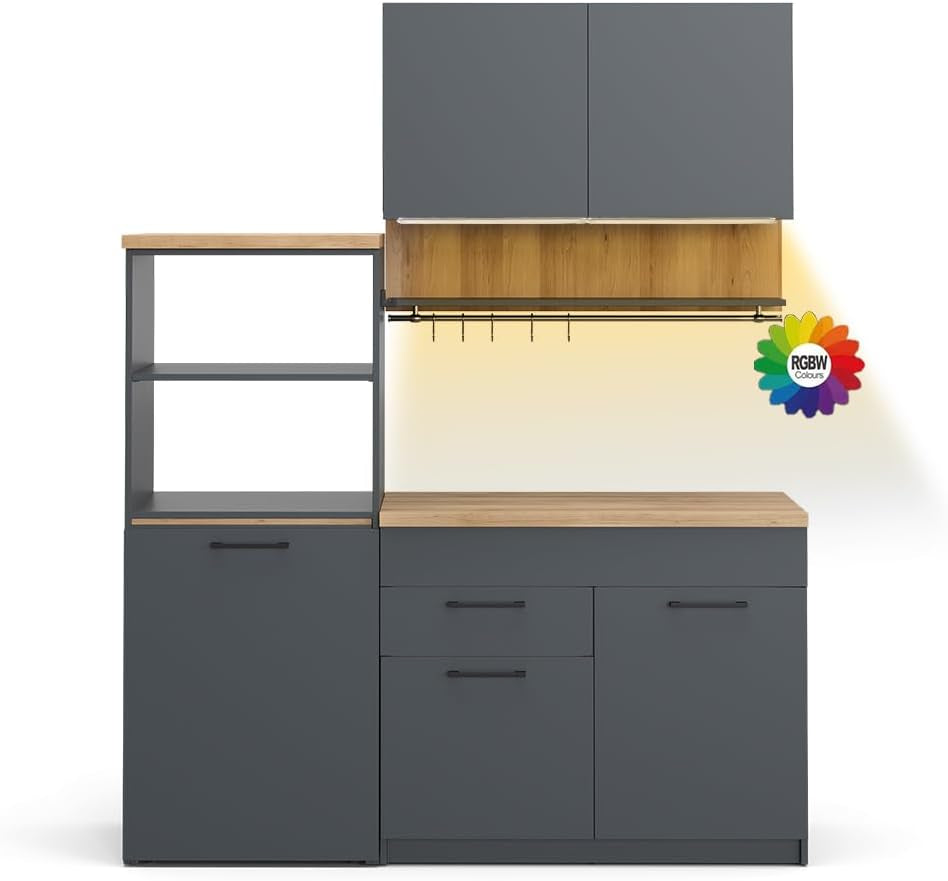 Vicco Küchenzeile Egbert, Anthrazit, 160 Cm Mit Ausziehbarem Tisch, Mit Integriertem Tellertrockner Und Seitlichen Regalablagen