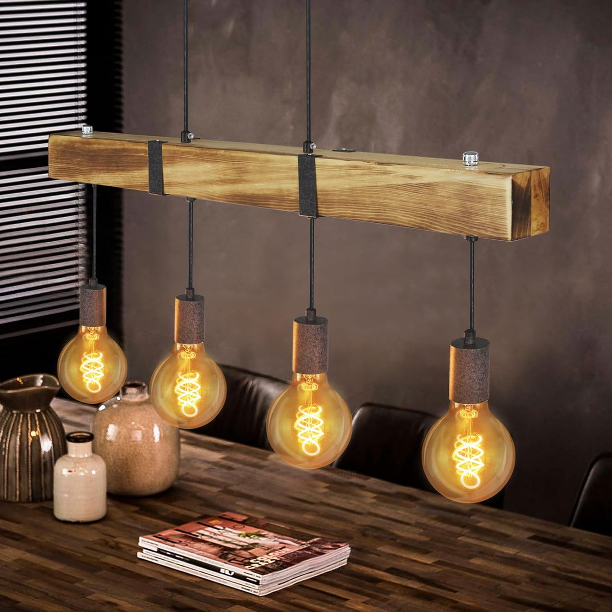 GBLY Vintage Pendelleuchte Holz Esstischlampe Retro Hängeleuchte Mit 80CM Holzbalken 4 X E27 Max. 25 Watt Hängelampe Industrial Pendellampe Für Esszimmer Küche Wohnzimmer Bar Restaurant