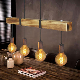 GBLY Vintage Pendelleuchte Holz Esstischlampe Retro Hängeleuchte Mit 80CM Holzbalken 4 X E27 Max. 25 Watt Hängelampe Industrial Pendellampe Für Esszimmer Küche Wohnzimmer Bar Restaurant