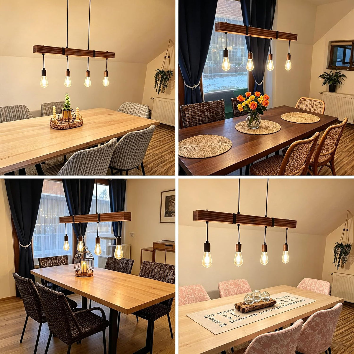 GBLY Vintage Pendelleuchte Holz Esstischlampe Retro Hängeleuchte Mit 80CM Holzbalken 4 X E27 Max. 25 Watt Hängelampe Industrial Pendellampe Für Esszimmer Küche Wohnzimmer Bar Restaurant