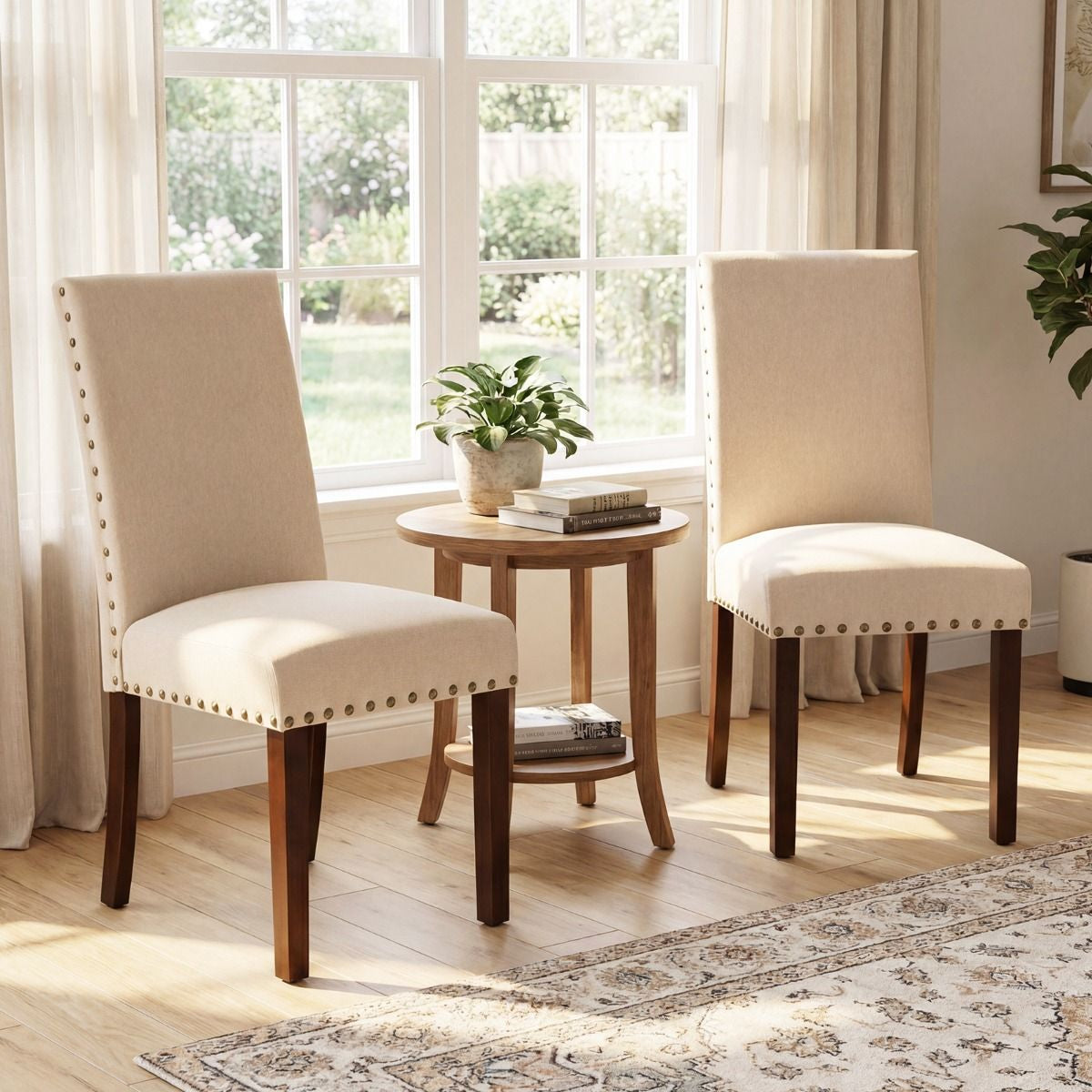 2Er Set Esszimmerstühle Mit Gepolsterter Sitzfläche & Rückenlehne & Gummiholzbeine Polsterstühle Beige
