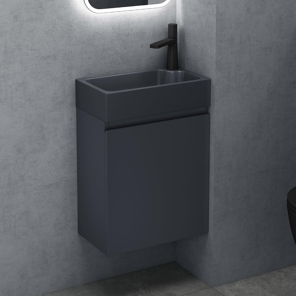 Doporro Badezimmerschrank Badmöbel-Set in Eiche Greige Bxtxh: 46X26X63Cm Waschtisch Mit Unterschrank Mit Mineralguss-Waschbecken in Matt Anthrazit Gäste-Wc Wandmontage Pisa02