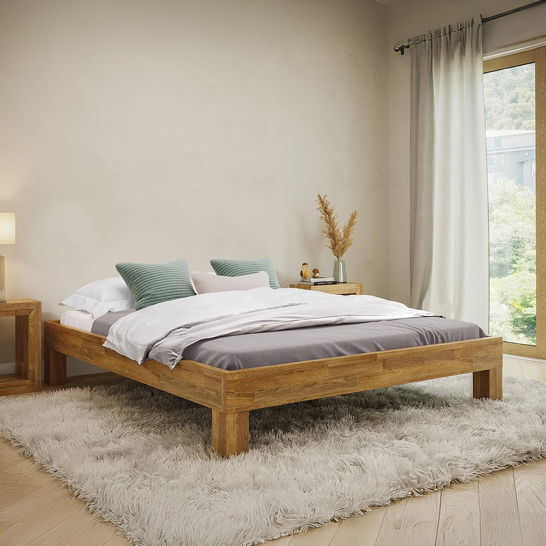 Floki Massivholzbett 140X200 Cm Aus Eiche - Hochwertiges Bettgestell - Bettrahmen Mit Bettkopf - Holzbett in Natur Geölt - Bett Geeignet Als Doppelbett - Futonbett Schlafzimmer