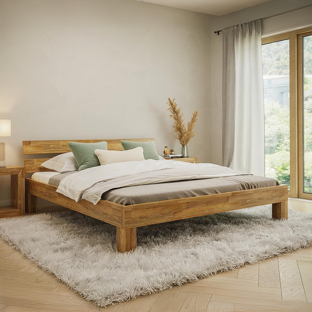 Floki Massivholzbett 140X200 Cm Aus Eiche - Hochwertiges Bettgestell - Bettrahmen Mit Bettkopf - Holzbett in Natur Geölt - Bett Geeignet Als Doppelbett - Futonbett Schlafzimmer