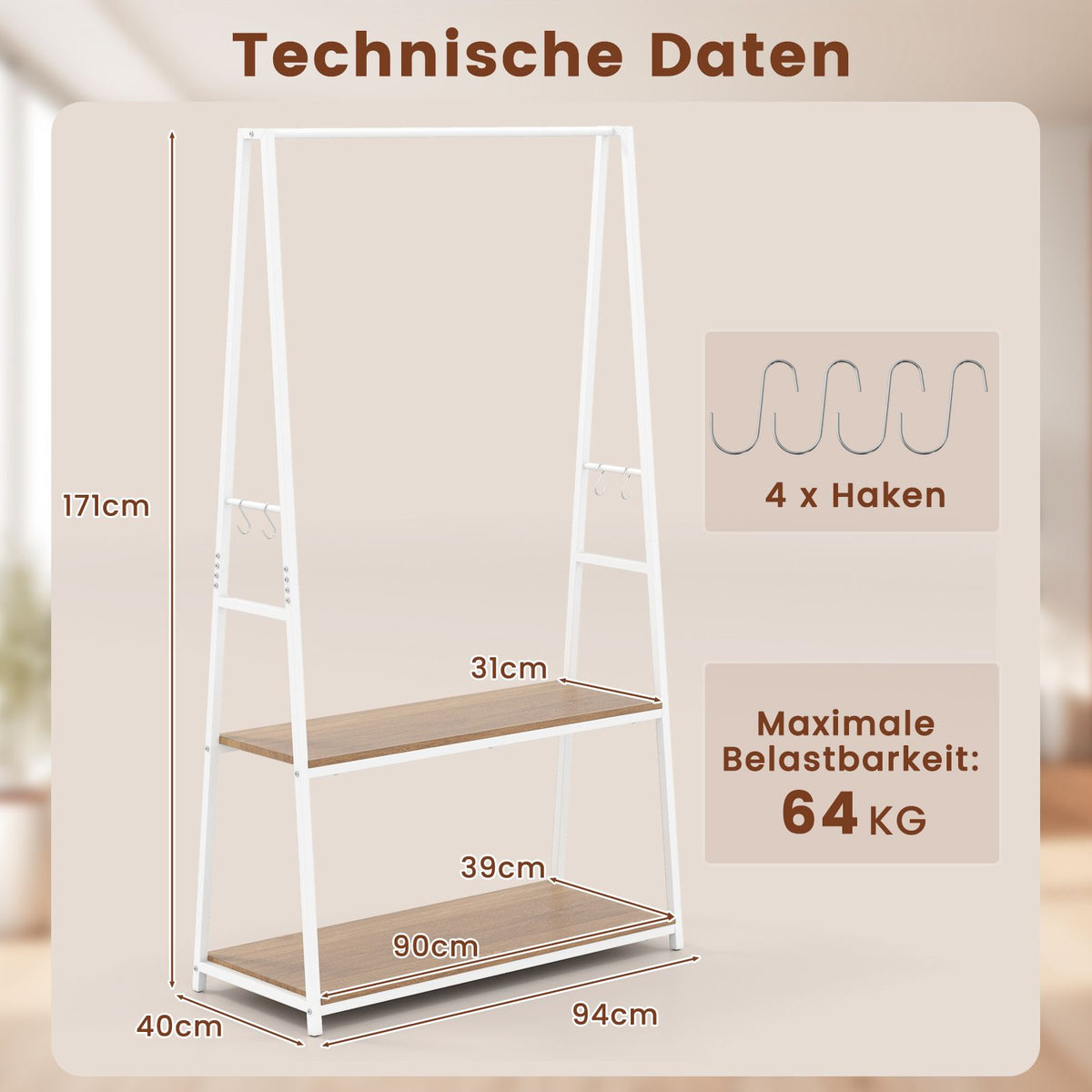 Kleiderständer Freistehende Garderobe Mit 2 Regalen & Stabiler Kleiderstange Offenes Kleiderregal Weiß