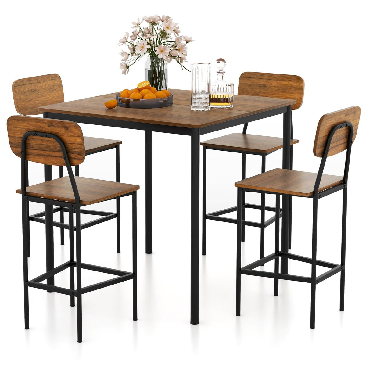 Ess-Set 5-Teiliges Esstisch-Set Mit Tisch Und 4 Barhockern Walnuss