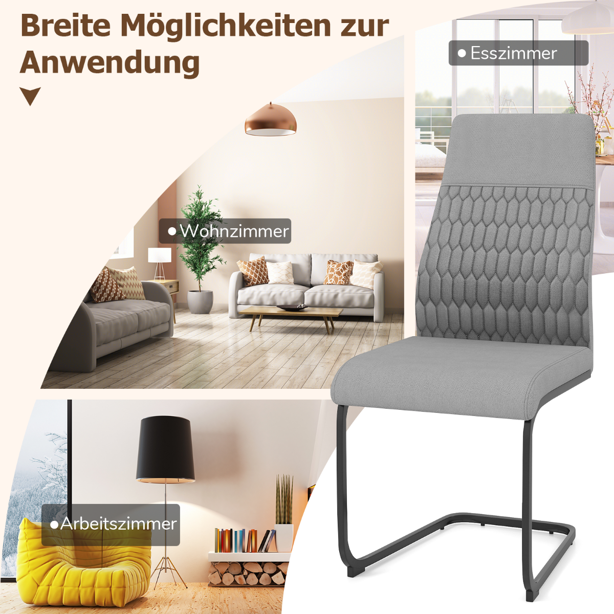 4Er-Set Moderne Esszimmerstühle Armloser Küchenstuhl Mit Geneigter Hoher Rückenlehne Grau