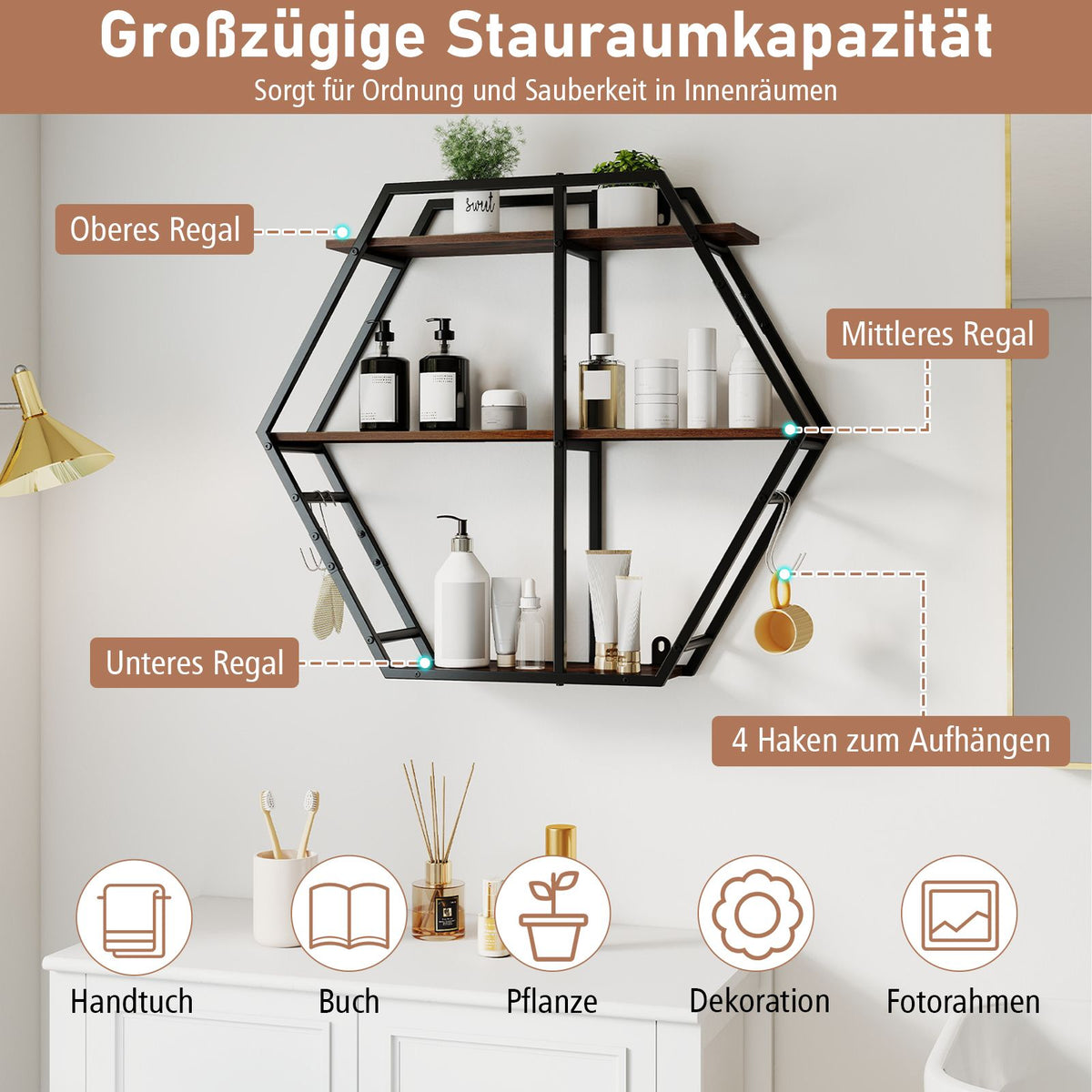 Industrielle Hexagon Wandregal 3-Stufiges Dekorative Schwebende Regal Mit Haken Rustikal