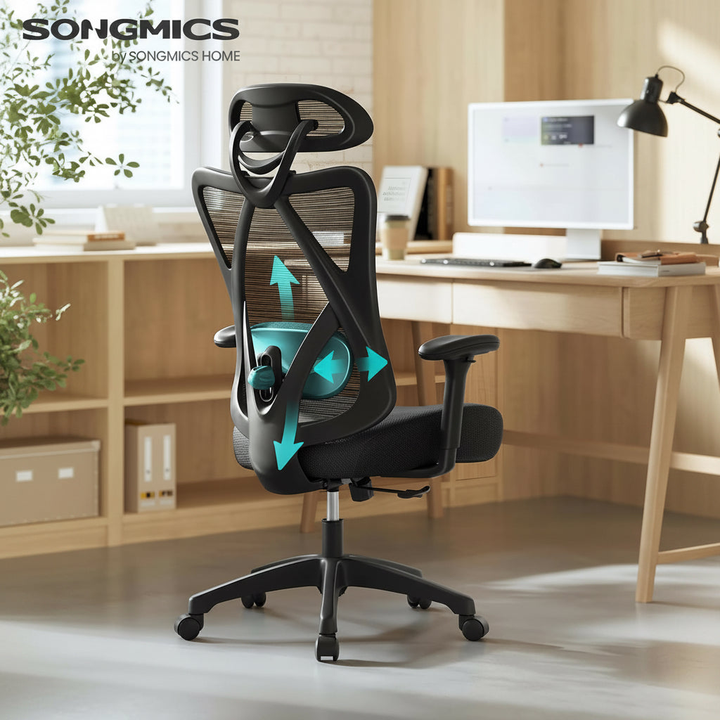 SONGMICS Bürostuhl, Ergonomischer Schreibtischstuhl, 150 Kg | Computerstuhl, Netzstuhl, Verstellbare Lendenstütze Und Kopfstütze, Bis 150 Kg Belastbar, OBN063B01