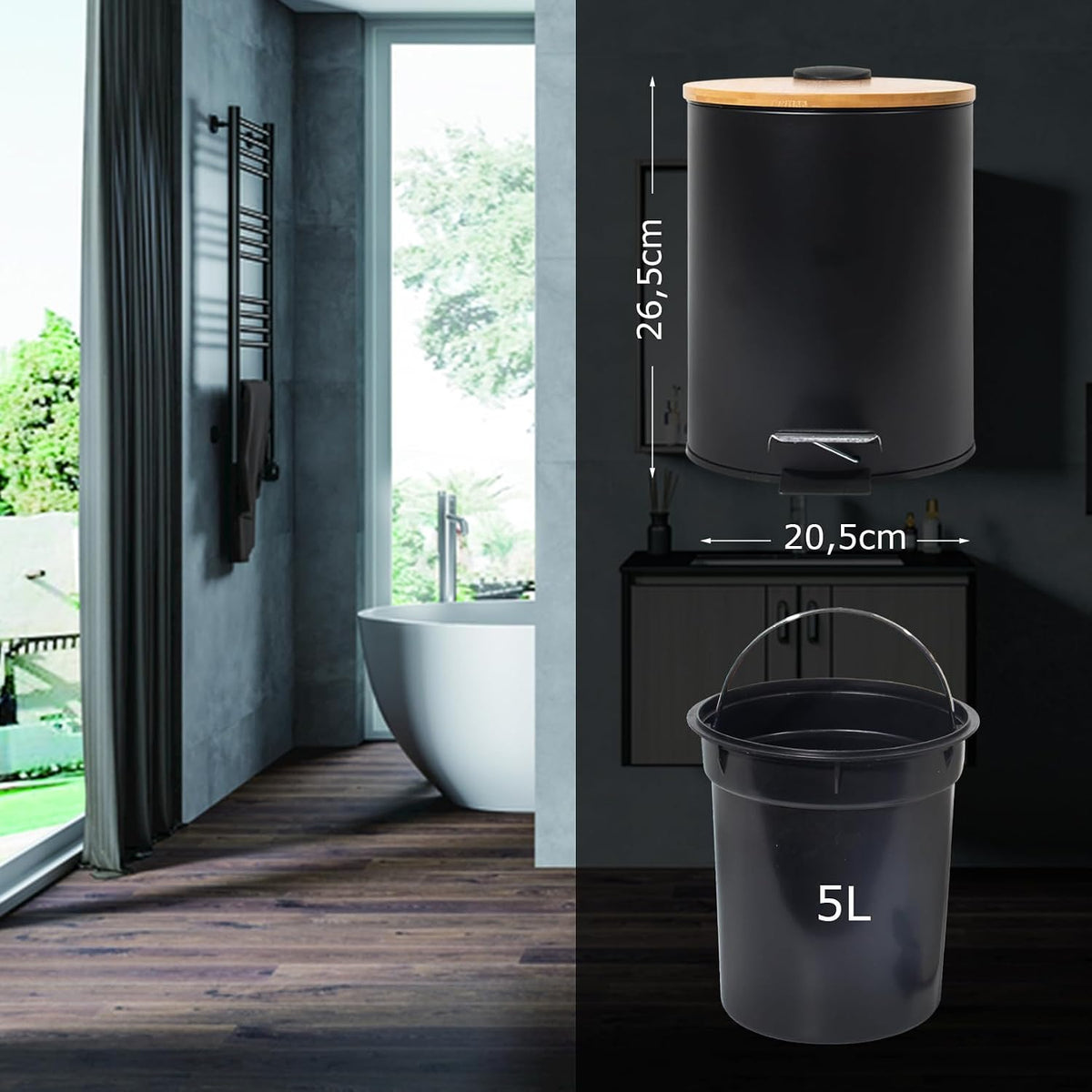 GREELUE 5L Kosmetikeimer Metall, Badezimmer Mülleimer Mit Deckel, Mülleimer Bad Mit Absenkautomatik (Soft Close) (Schwarz 5L)