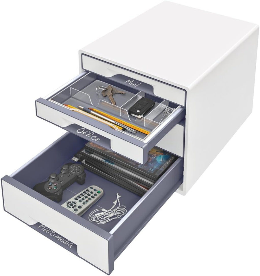 Leitz CUBE Schubladenbox Mit 4 Schubladen, Weiß/Grau, A4, Inkl. Transparentem Schubladeneinsatz, WOW, 52132001