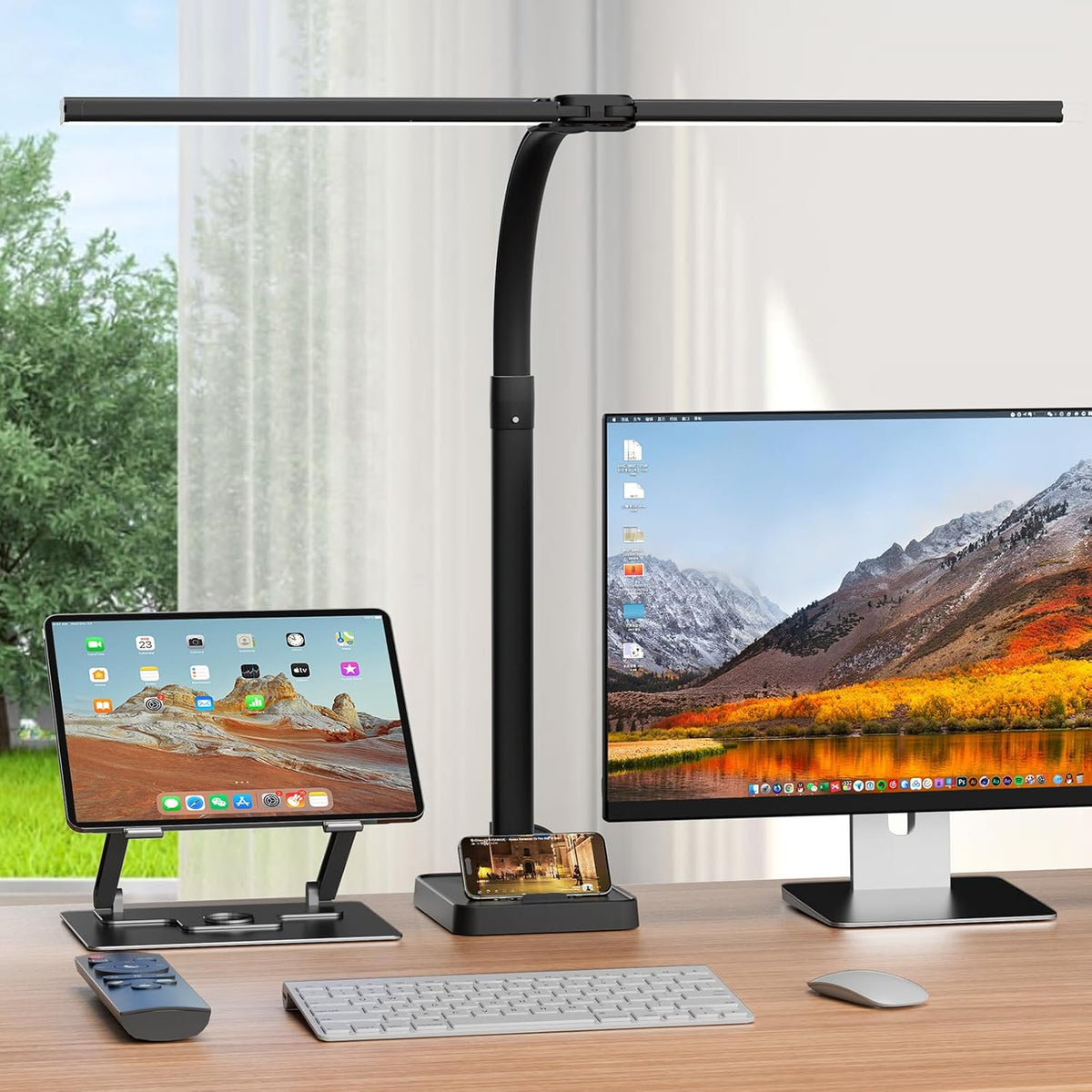Doppelkopf Schreibtischlampe LED Dimmbar, 24W 80CM Klemmbar Tageslichtlampe Schreibtisch Lampe, Schwanenhals Büro Tischlampe Augenschutz Arbeitsplatzleuchte Monitor Lampe, Schwarz