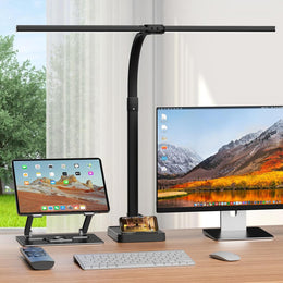 Doppelkopf Schreibtischlampe LED Dimmbar, 24W 80CM Klemmbar Tageslichtlampe Schreibtisch Lampe, Schwanenhals Büro Tischlampe Augenschutz Arbeitsplatzleuchte Monitor Lampe, Schwarz