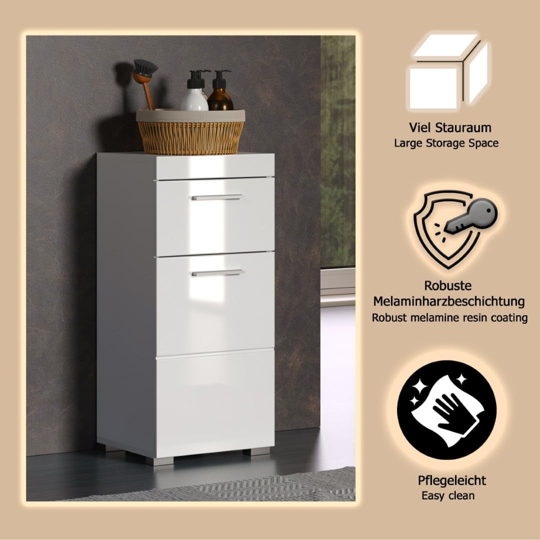 Trendteam Smart Living - Amanda - Kommode - Weiß Hochglanz - Standschrank - (Bxhxt) 37 X 79 X 31 Cm - Badschrank Mit 1 Tür Und 1 Schublade - Silberfarbene Griffe - Universal Einsetzbar - Kratzfest