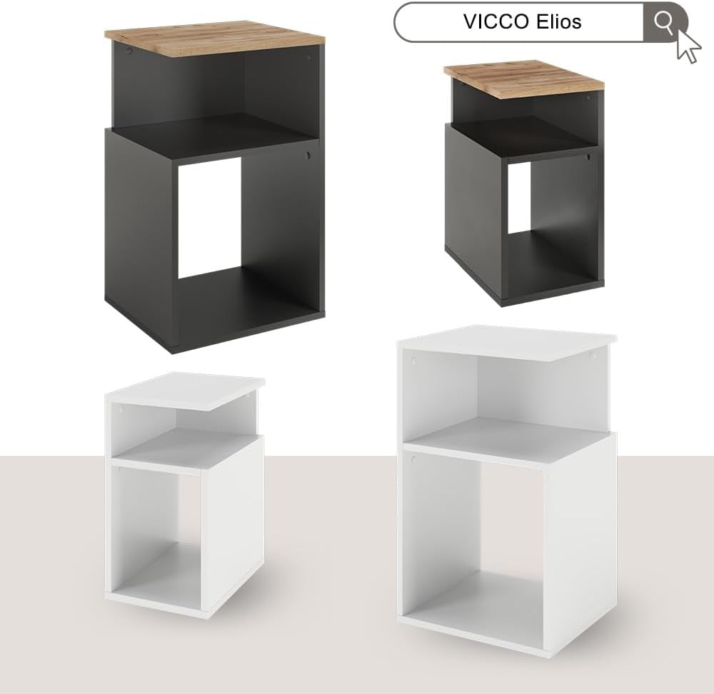 Vicco Nachttisch Elios, Anthrazit/Goldkraft Eiche, 2Er Set, Zur Ablage Von Alltagsgegenständen Und Lampen Geeignet