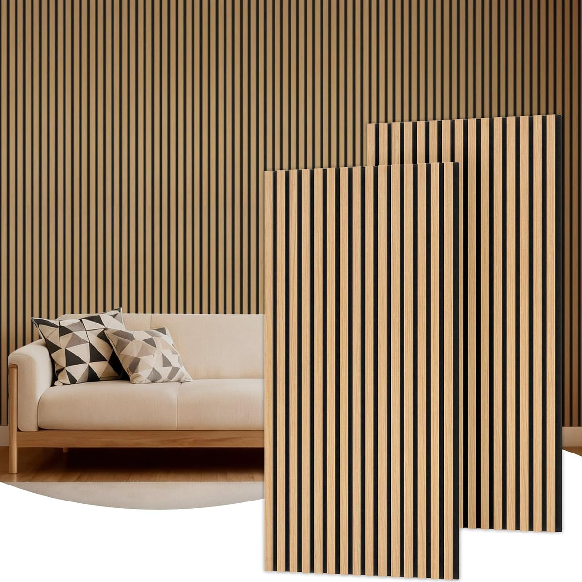 TONOR Akustikpaneele Holz, 4 Stück 120 X 60Cm - 2,88M² Wandpaneele Holz Holzpaneele Wand Als Schallschutzplatten, Wandverkleidung Holzoptik Für Wanddeko Wohnzimmer, Büro, Küche, Eiche