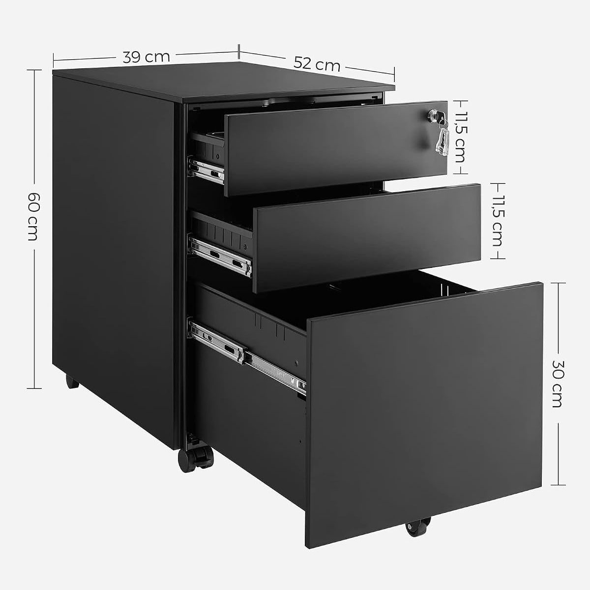 SONGMICS Rollcontainer, Unter Schreibtisch, Mit 3 Schublade, Vormontiert, Abschließbarer Büroschrank Mit Hängeregistratur, Für Akten, Dokumente, Schreibwaren, 52 X 39 X 60 Cm, Schwarz OFC60BK