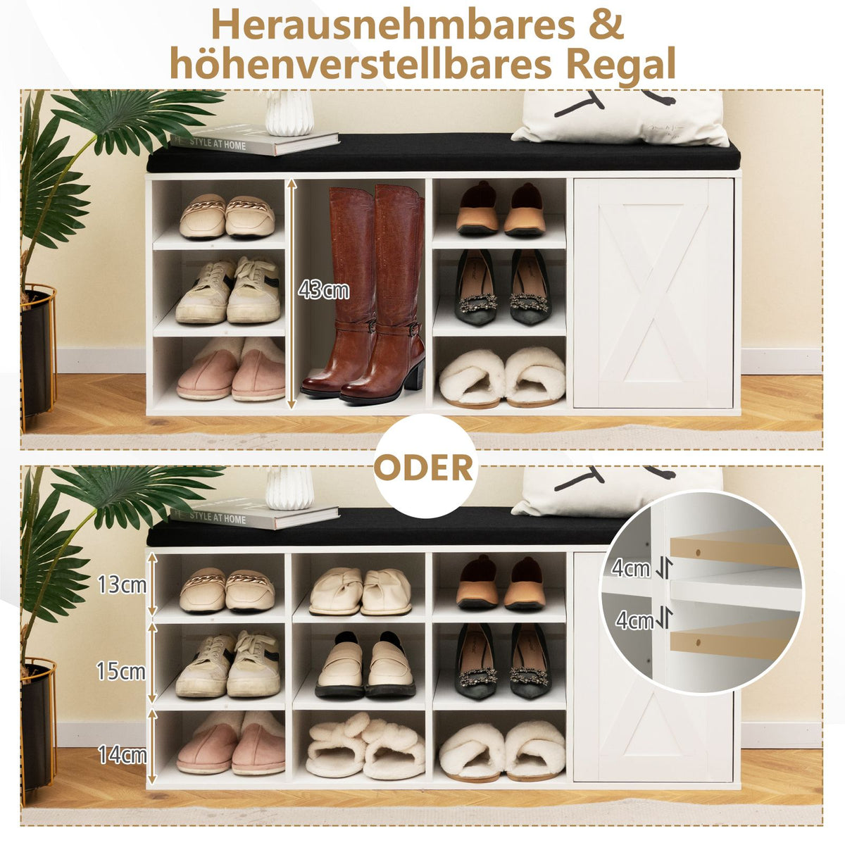 Schuhbank Mit Gepolstertem Kissen & 9 Fächern 3-Stöckiger Schuhregal Mit Verstellbaren Regalen Braun/Weiß