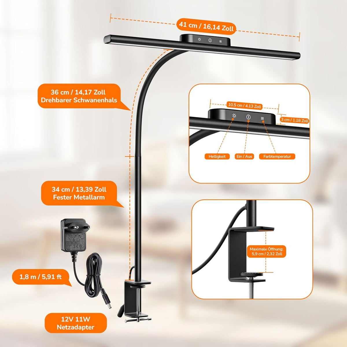 Lepro 11W Schreibtischlampe LED Klemmbar, Augenschonende Und Dimmbar Schreibtisch Lampe, 5 Farbtemperaturen Und 5 Helligkeitsstufen, Mit Flexiblem Schwanenhals, Für Home Office & Büro, Schwarz
