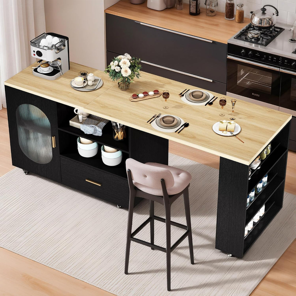 IBF Kücheninsel Freistehend Mit Arbeitsplatte Auf 7 Rollen Küchenschrank Küchenwagen Moderne Mobile Kücheninsel Mit 360 Grad Drehbarer Holzplatte Und Schublade Für Esszimmer Weiß 184 Cm
