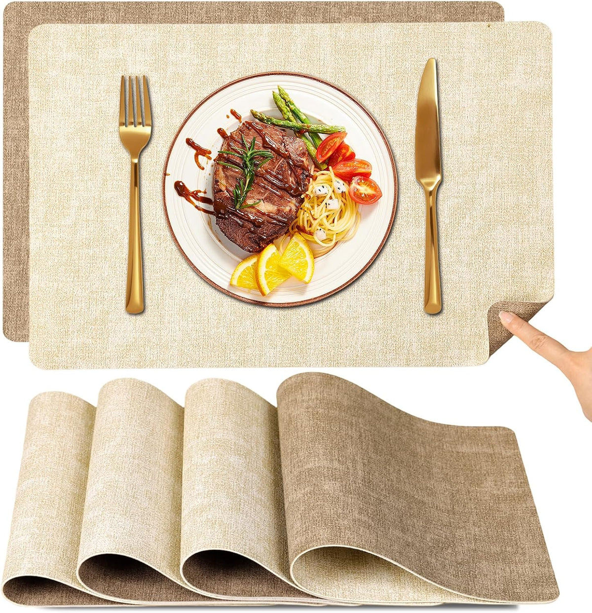 Tischsets Abwaschbar Und Untersetzer 6Er Set, Platzsets Abwaschbar Doppelseitig Bedruckt Kunstleder Schmutzabweisend & Rutschfest, Platzdeckchen Abwischbar Mit Lederoptik Für Esszimmer