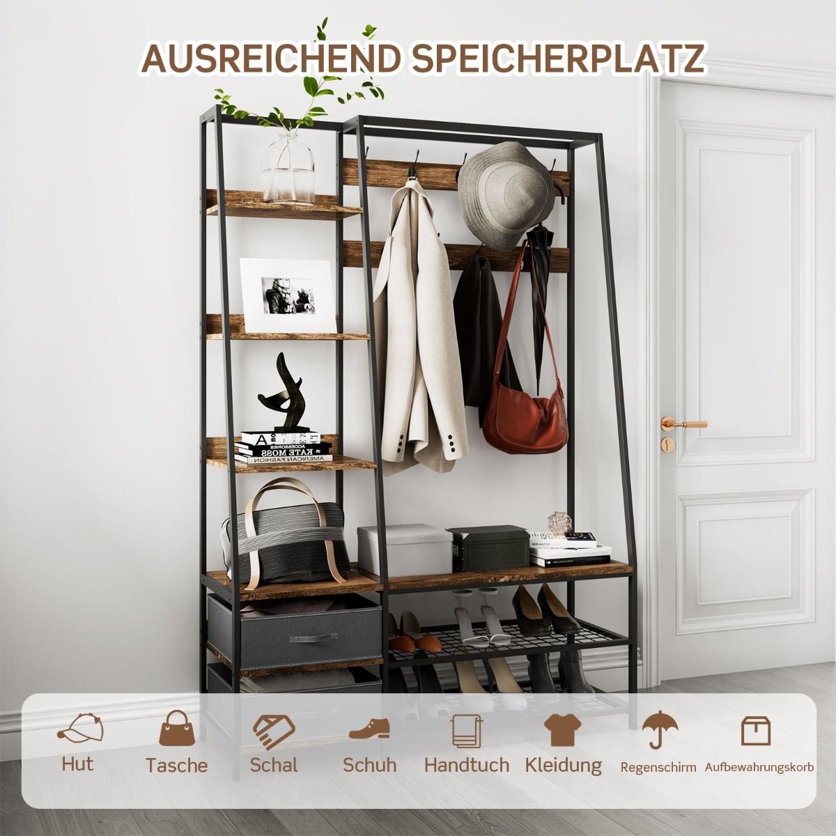 Industrielle Garderobe Mit Schuhbank Für Den Eingangsbereich 122X40X180 Cm Rustikales Braun
