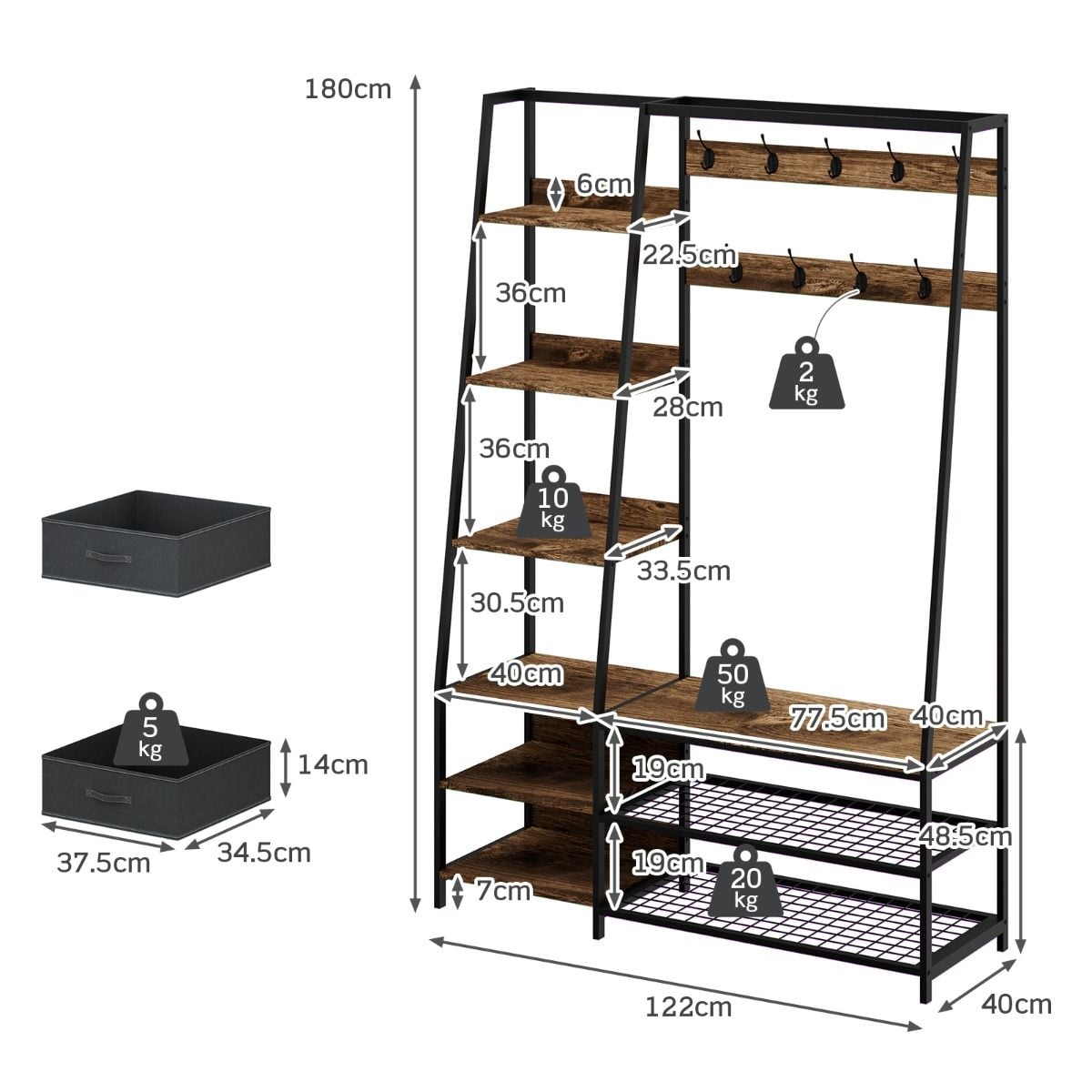 Industrielle Garderobe Mit Schuhbank Für Den Eingangsbereich 122X40X180 Cm Rustikales Braun