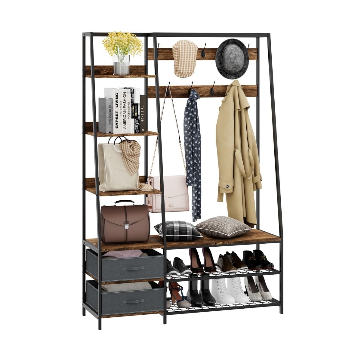 Industrielle Garderobe Mit Schuhbank Für Den Eingangsbereich 122X40X180 Cm Rustikales Braun