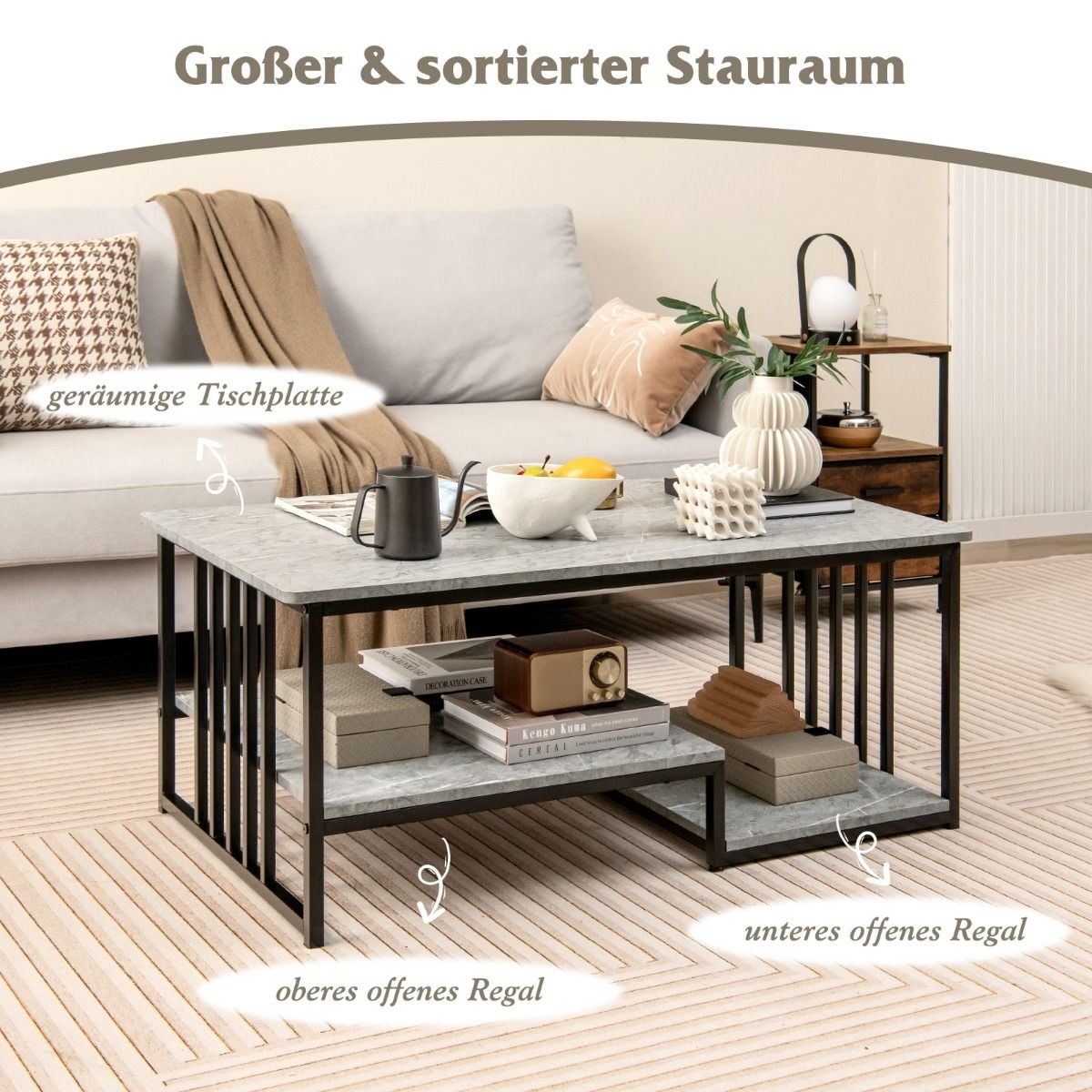 Couchtisch Aus Kunst-Marmor Mit Offener Ablage & Metallrahmen Beistelltisch 110 X 60 X 45 Cm