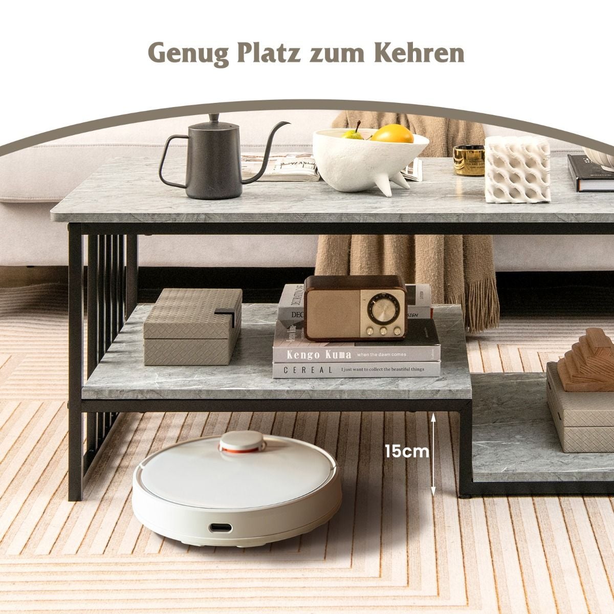 Couchtisch Aus Kunst-Marmor Mit Offener Ablage & Metallrahmen Beistelltisch 110 X 60 X 45 Cm