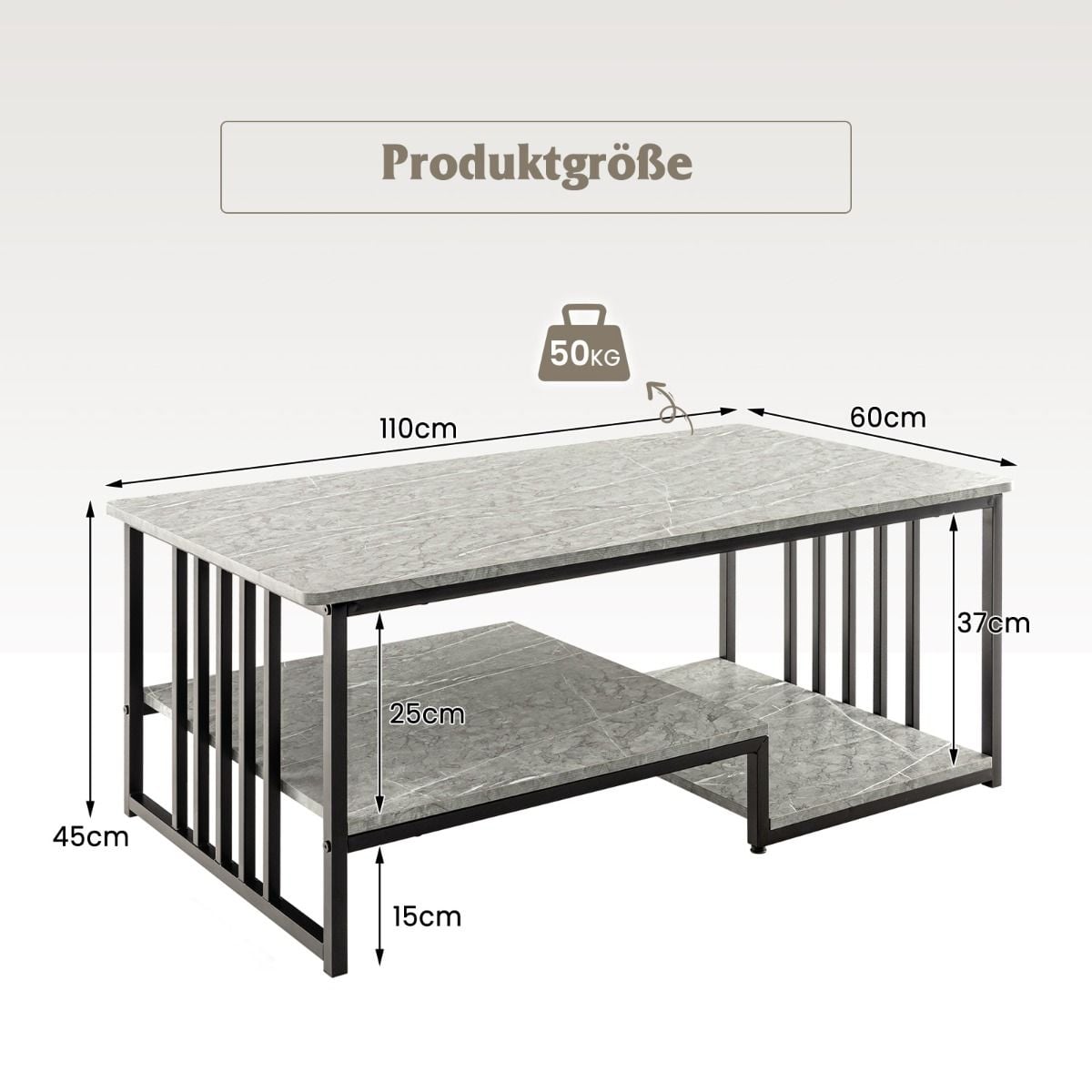 Couchtisch Aus Kunst-Marmor Mit Offener Ablage & Metallrahmen Beistelltisch 110 X 60 X 45 Cm