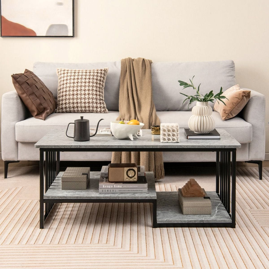 Couchtisch Aus Kunst-Marmor Mit Offener Ablage & Metallrahmen Beistelltisch 110 X 60 X 45 Cm