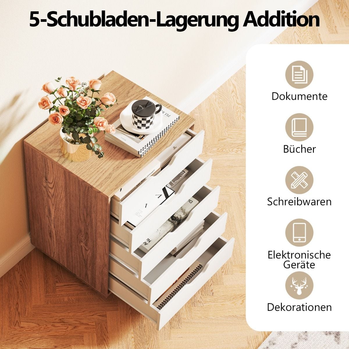 Rollcontainer Mit 5 Schubladen Mobiler Aktenschrank Mit Rädern Bürocontainer