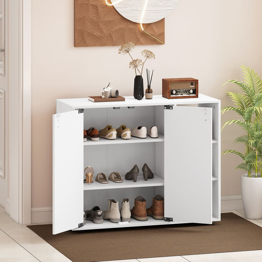 Schuhschrank Mit 2 Türen & Verstellbaren Offenen Regalen Schuhregal Schuhkommode Weiß