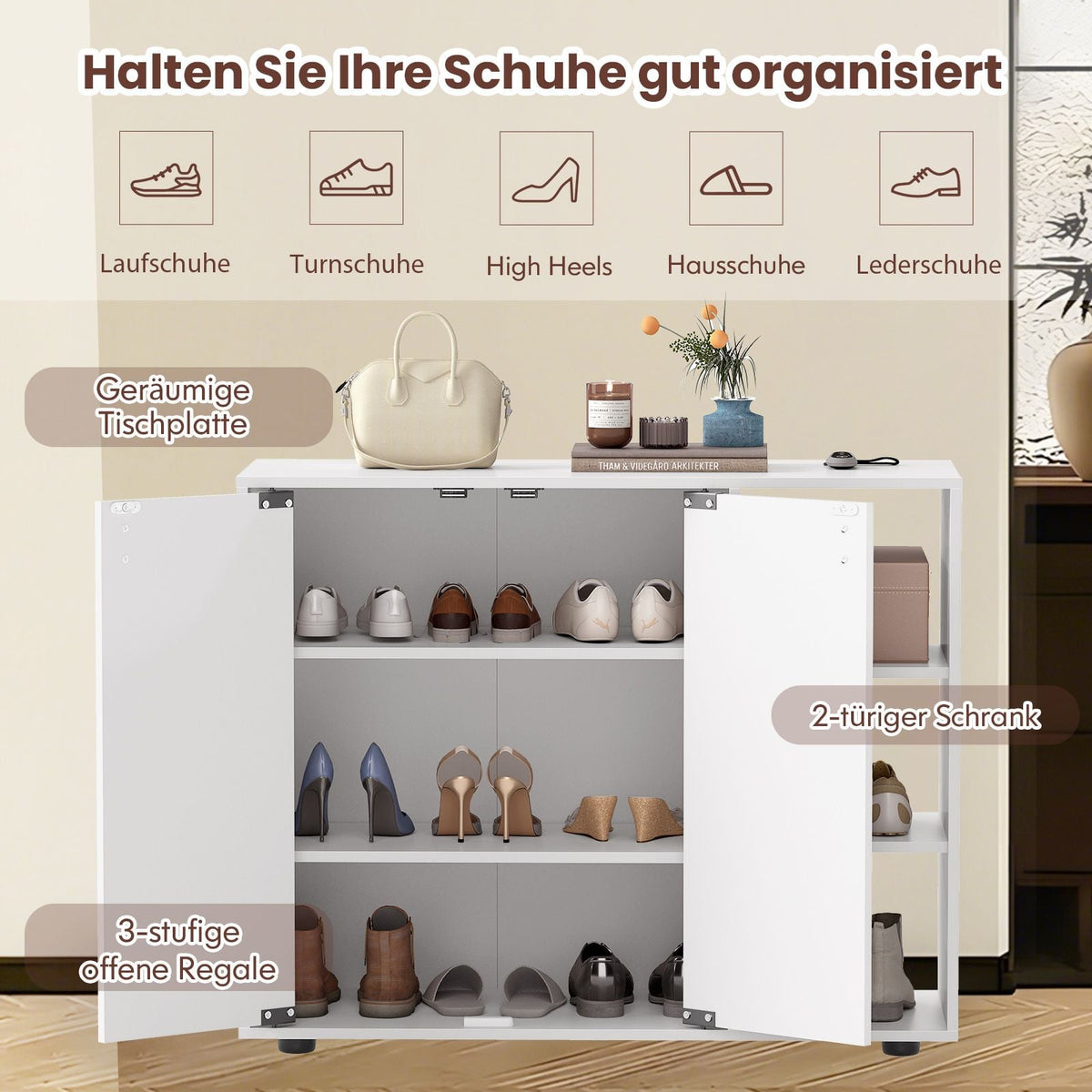 Schuhschrank Mit 2 Türen & Verstellbaren Offenen Regalen Schuhregal Schuhkommode Weiß