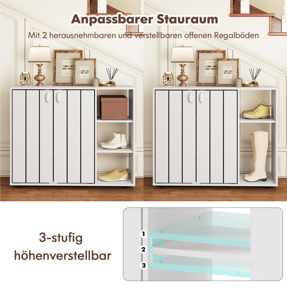 Schuhschrank Mit 2 Türen & Verstellbaren Offenen Regalen Schuhregal Schuhkommode Weiß