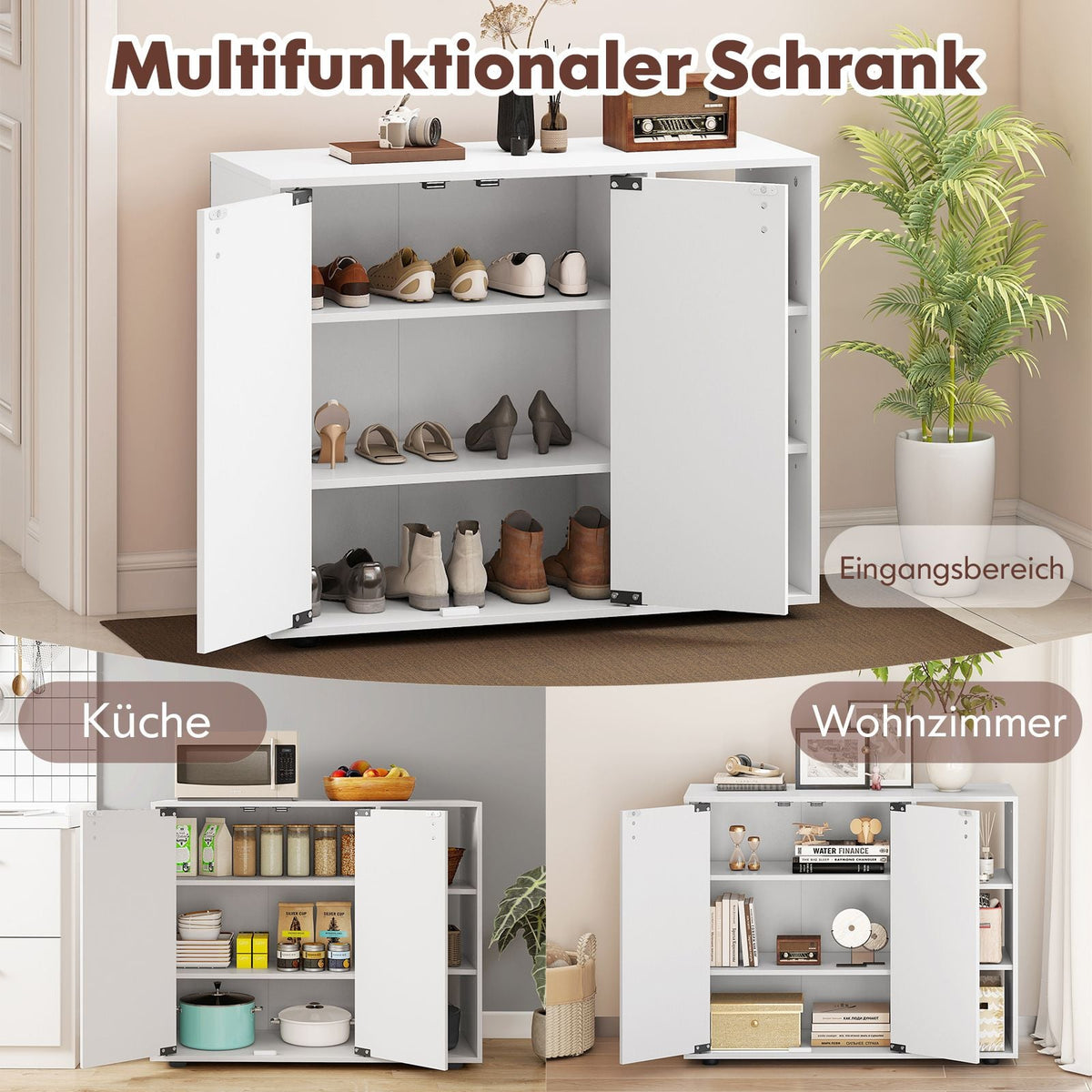 Schuhschrank Mit 2 Türen & Verstellbaren Offenen Regalen Schuhregal Schuhkommode Weiß